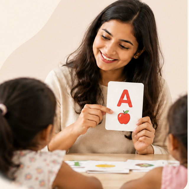 A smiling Indian teacher holding up a letter card for young children