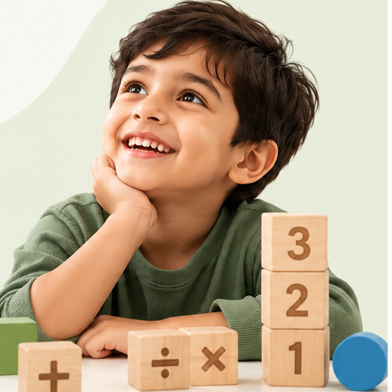 A cheerful Indian boy beside wooden number blocks