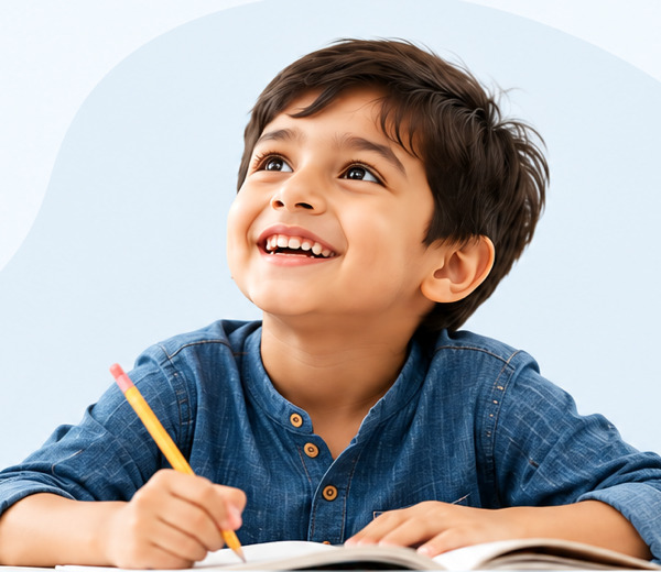 A happy young Indian boy looking up while writing