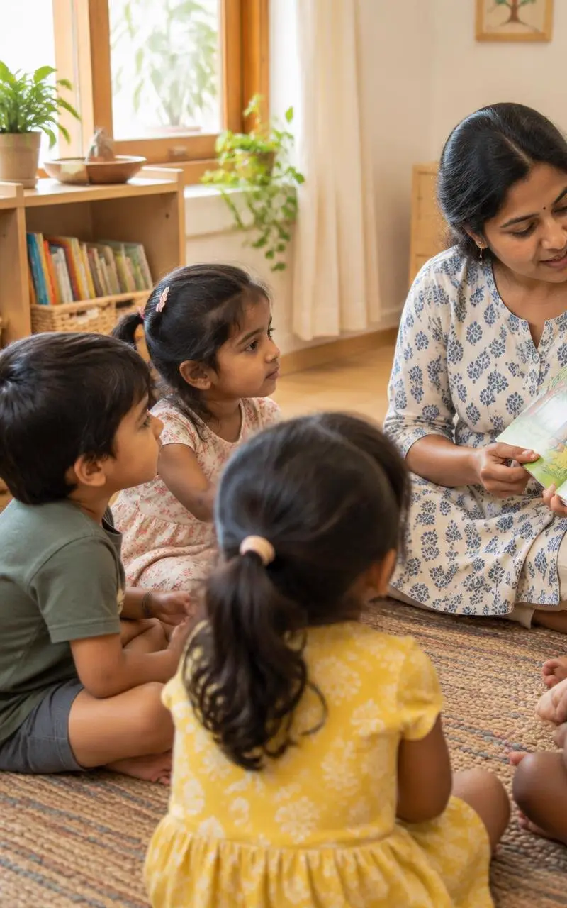 An Indian teacher reading a storybook to a small group of attentive preschool children seated on a rug