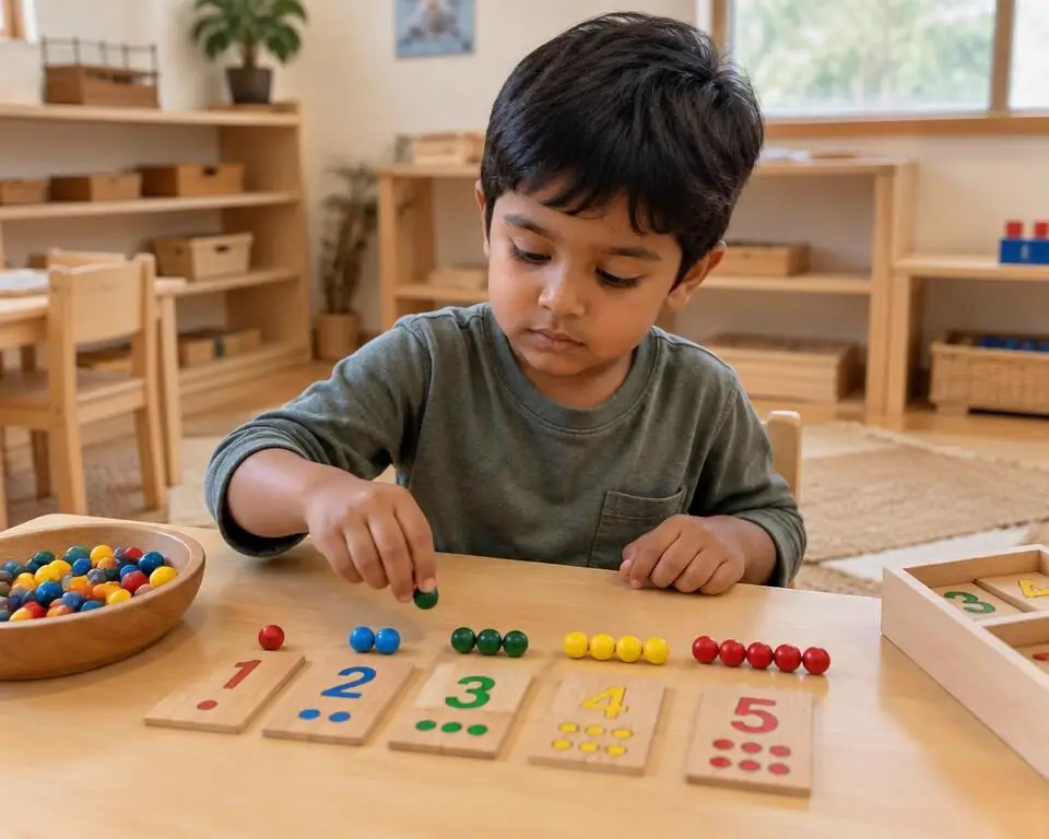 An Indian boy counting coloured beads beside wooden number tiles